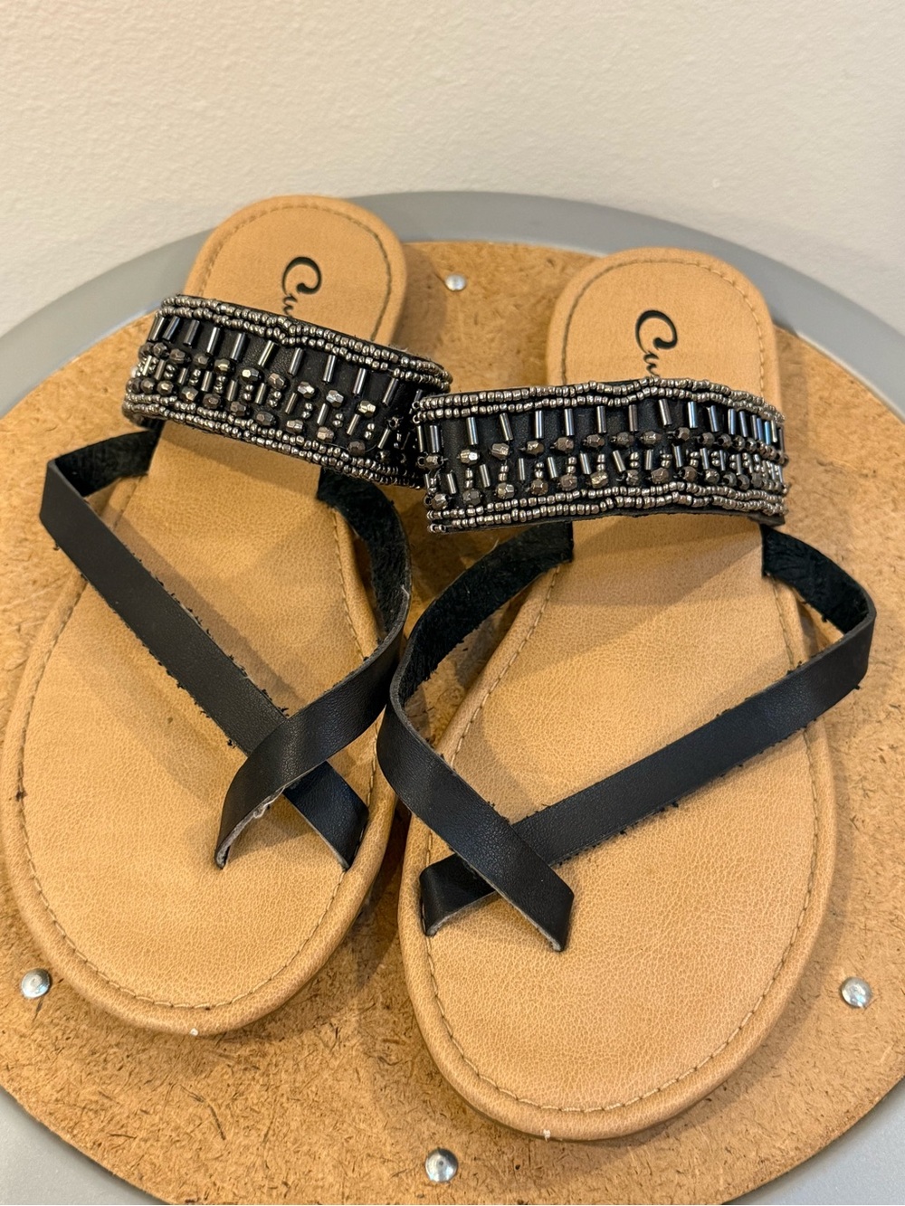 Curfew Black Beaded Strappy Sandals with Tan Footbed